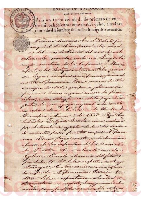 Testamento de Nepomusena Osorio a las cofradías de las Ánimas del Purgatorio y al Amo Supremo colocado en esta iglesia, en Concepción Antioquia.