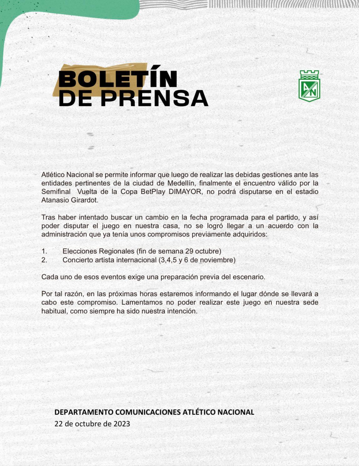 Comunicado Nacional sobre su cambio de sede.