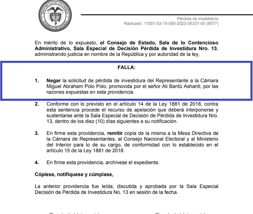 Consejo de Estado dejó en firme la investidura de Miguel Polo Polo.