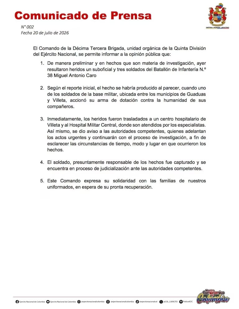 Este es el comunicado con el que el Ejército confirmó lo ocurrido.