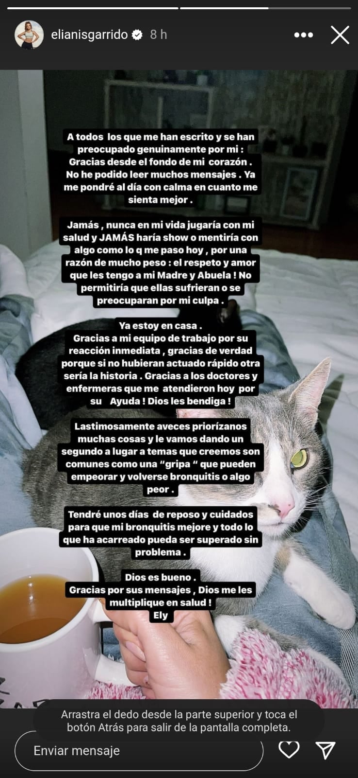 Elianis Garrido le agradece a sus seguidores por estar pendientes luego de sufrir un desmayo.