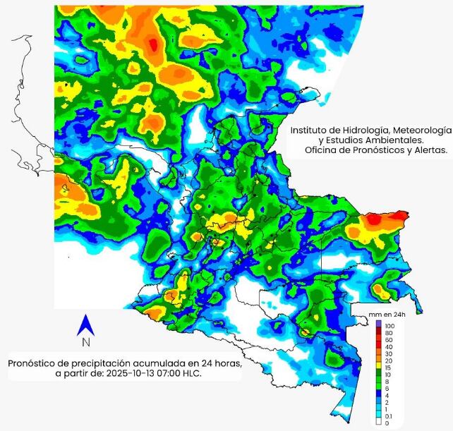 La escala de colores indica la cantidad de
precipitación acumulada para el 13 de octubre de 2025