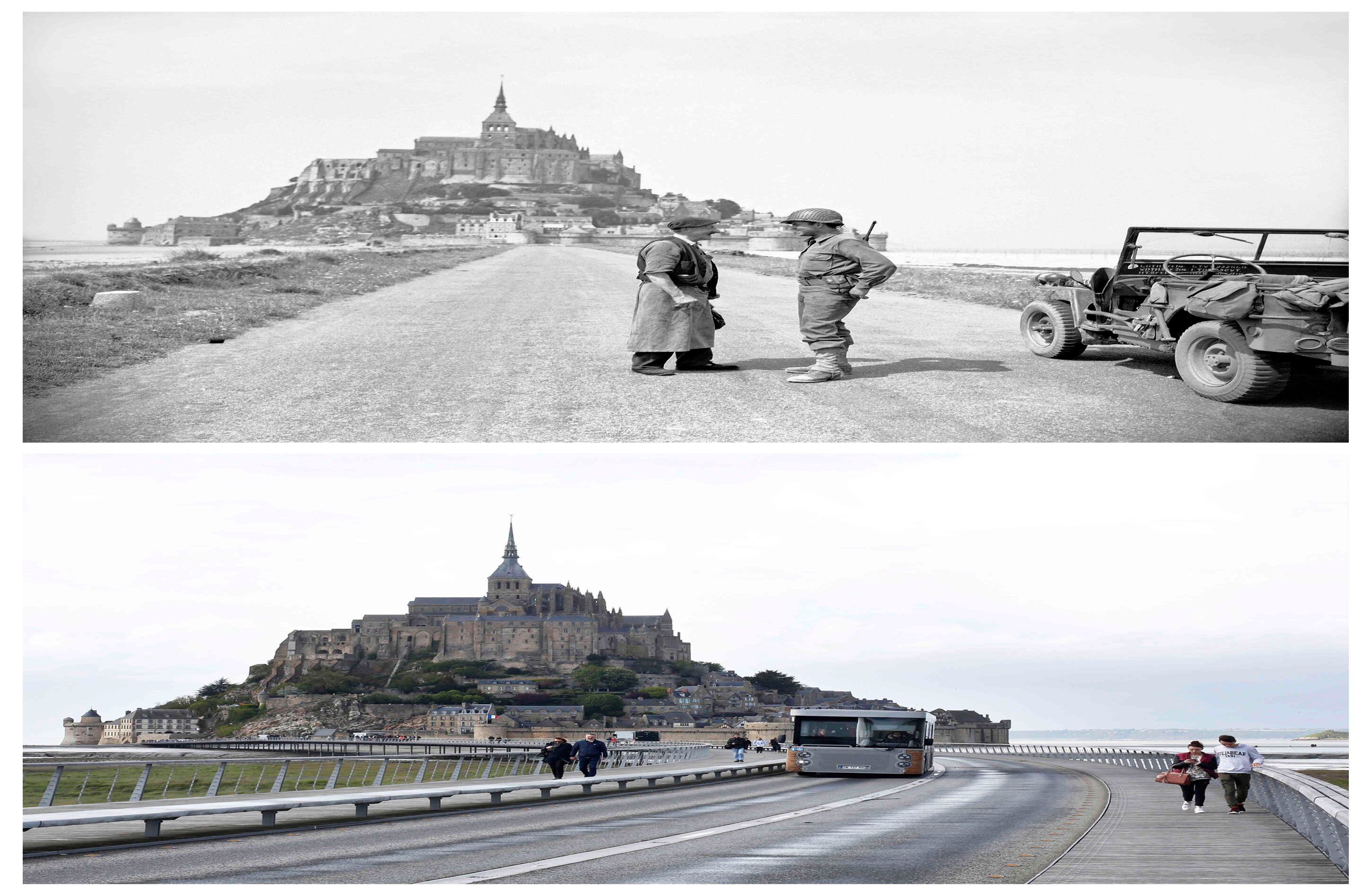 un soldado estadounidense y un civil francés hablan en la calzada que conduce al famoso centro turístico de Mont-St-Michel en Normandía el 8 de agosto de 1944. Abajo una vista de la misma ubicación el 8 de mayo de 2019. (Foto AP / Thibault Camus)