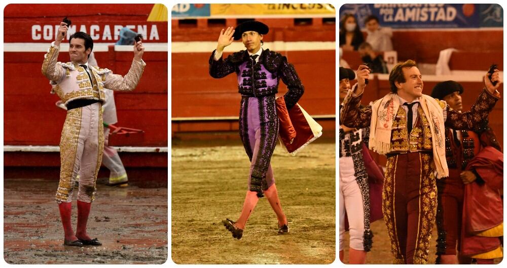 Los españoles José Garrido (izquierda) y Román (derecha) cortaron de a dos orejas en la segunda corrida de la feria. El colombiano José Arcila (centro) se fue de vacío.