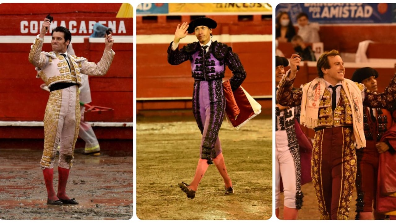 Los españoles José Garrido (izquierda) y Román (derecha) cortaron de a dos orejas en la segunda corrida de la feria. El colombiano José Arcila (centro) se fue de vacío.