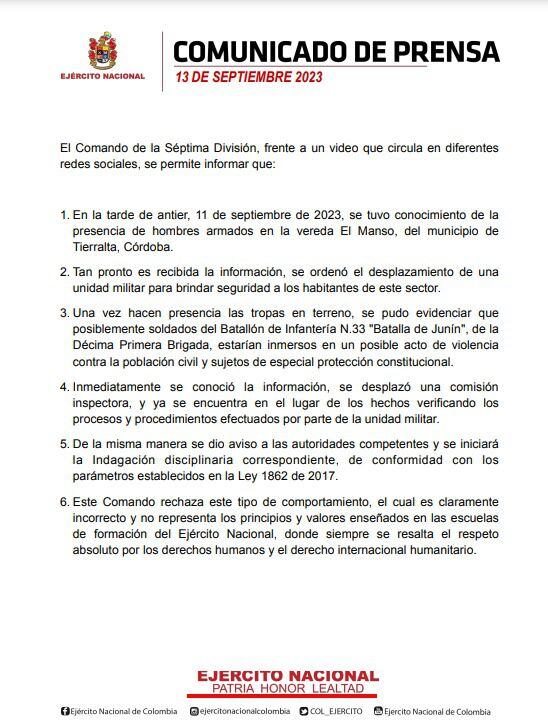 Ejército confirmó intimidación a campesinos en Tierralta, Córdoba.