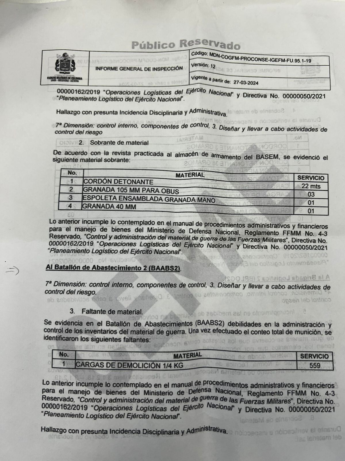 La inspección de las Fuerzas Militares revela que elementos para fabricar explosivos hacían parte de las fallas en los inventarios.