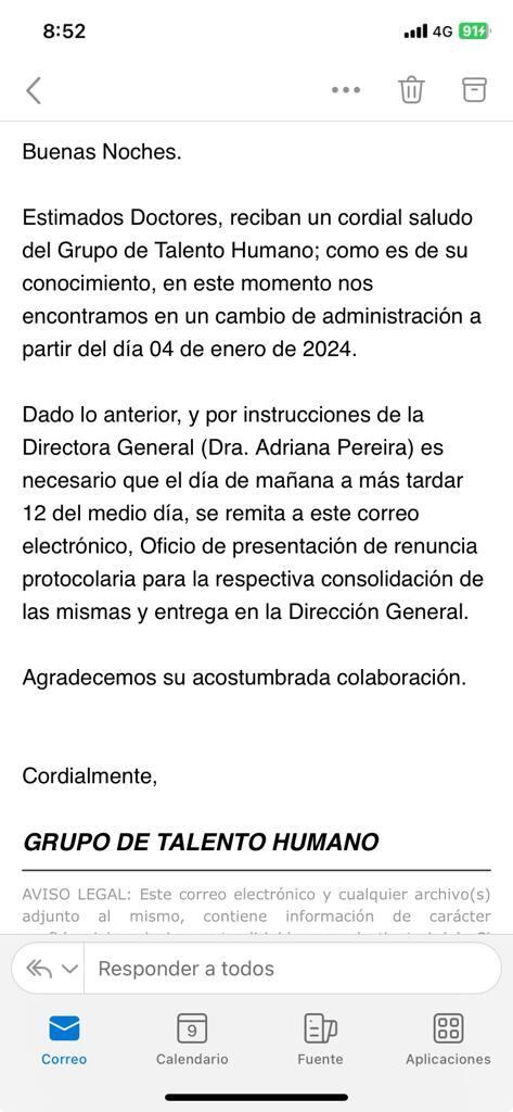 Este es el mensaje que les llegó a los altos funcionarios del Invima la primera semana de enero de 2024.
