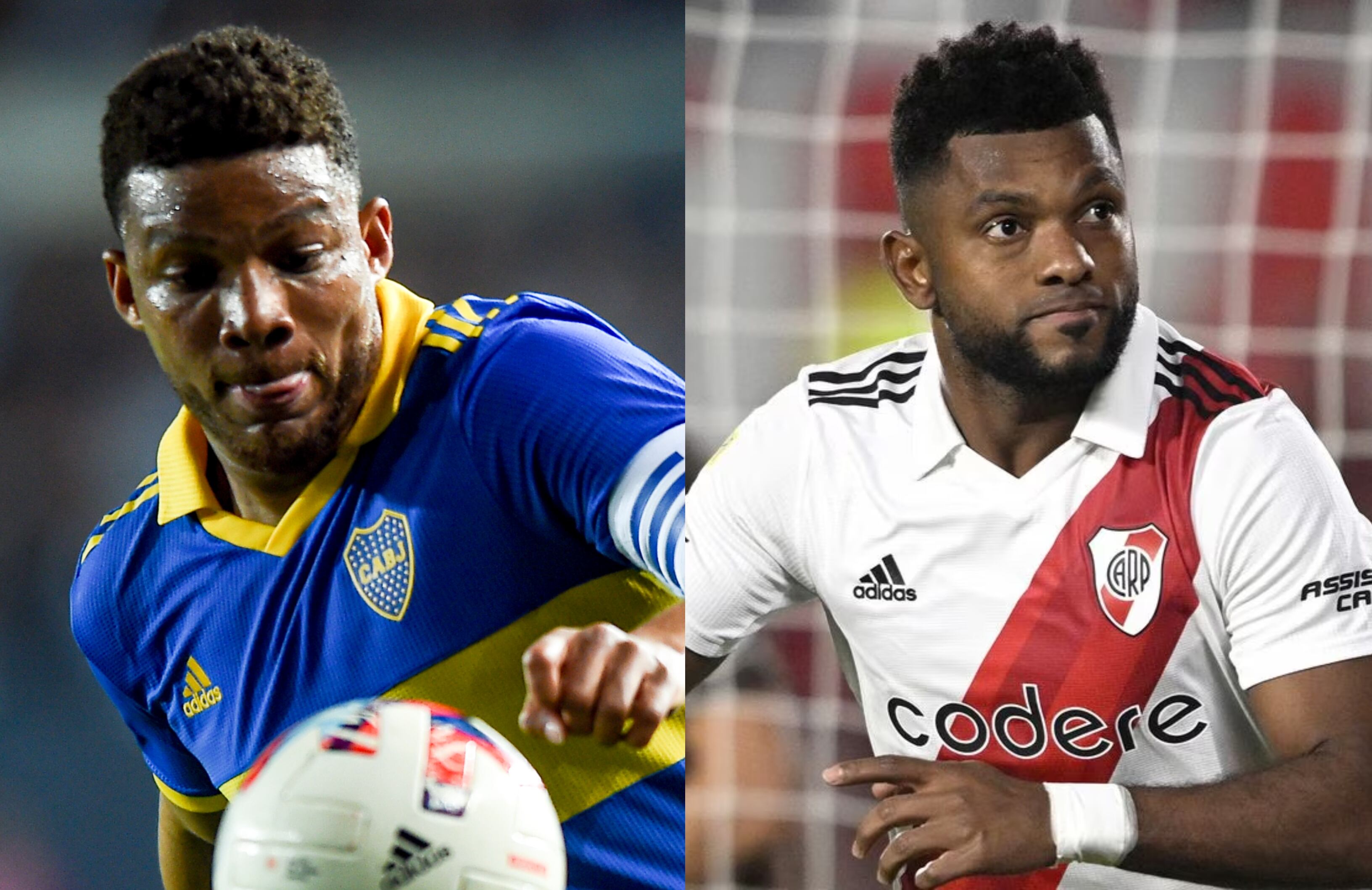 Frank Fabra, lateral de Boca Juniors, y Miguel Borja, delantero de River Plate.