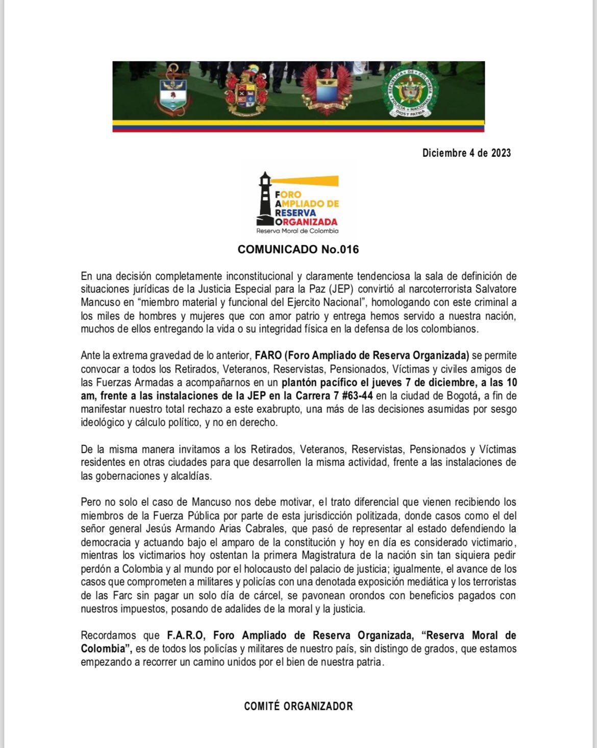 Esta es la carta con la que el Faro Ampliado de Reserva Organizada convocó al plantón pacífico.