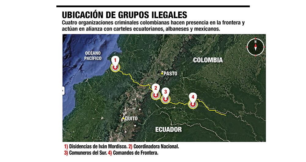 Ubicación de los grupos armados al margen de la ley en la frontera con Ecuador.