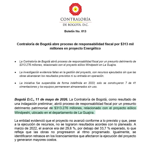 La Contraloría de Bogotá anunció medidas por posible detrimento patrimonial en mega proyecto energético.