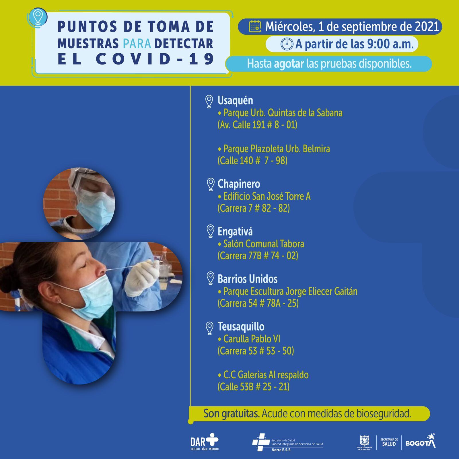 Pruebas gratis de covid 19 hoy 1 de septiembre en Bogotá: estos son los puntos de atención