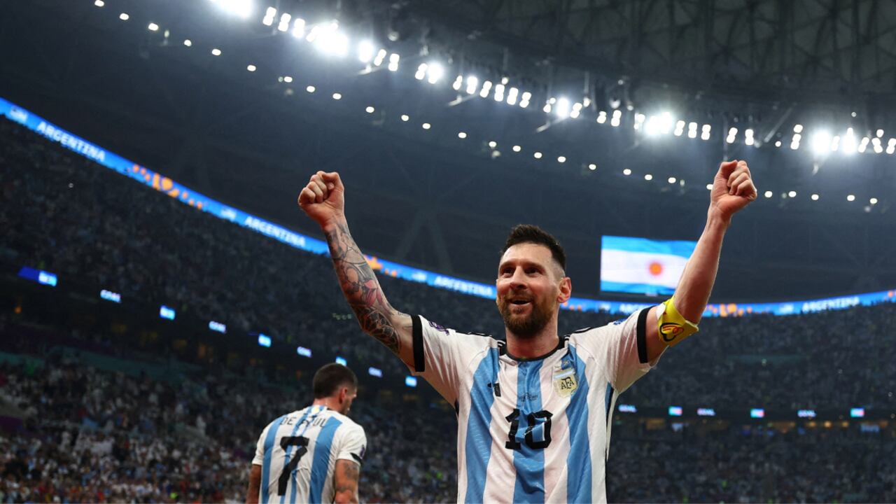 Soccer Football - FIFA World Cup Qatar 2022 - Semi Final - Argentina v Croatia - Lusail Stadium, Lusail, Qatar - December 13, 2022 Argentina's Lionel Messi celebrates their third goal scored by Julian Alvarez REUTERS/Molly Darlington
