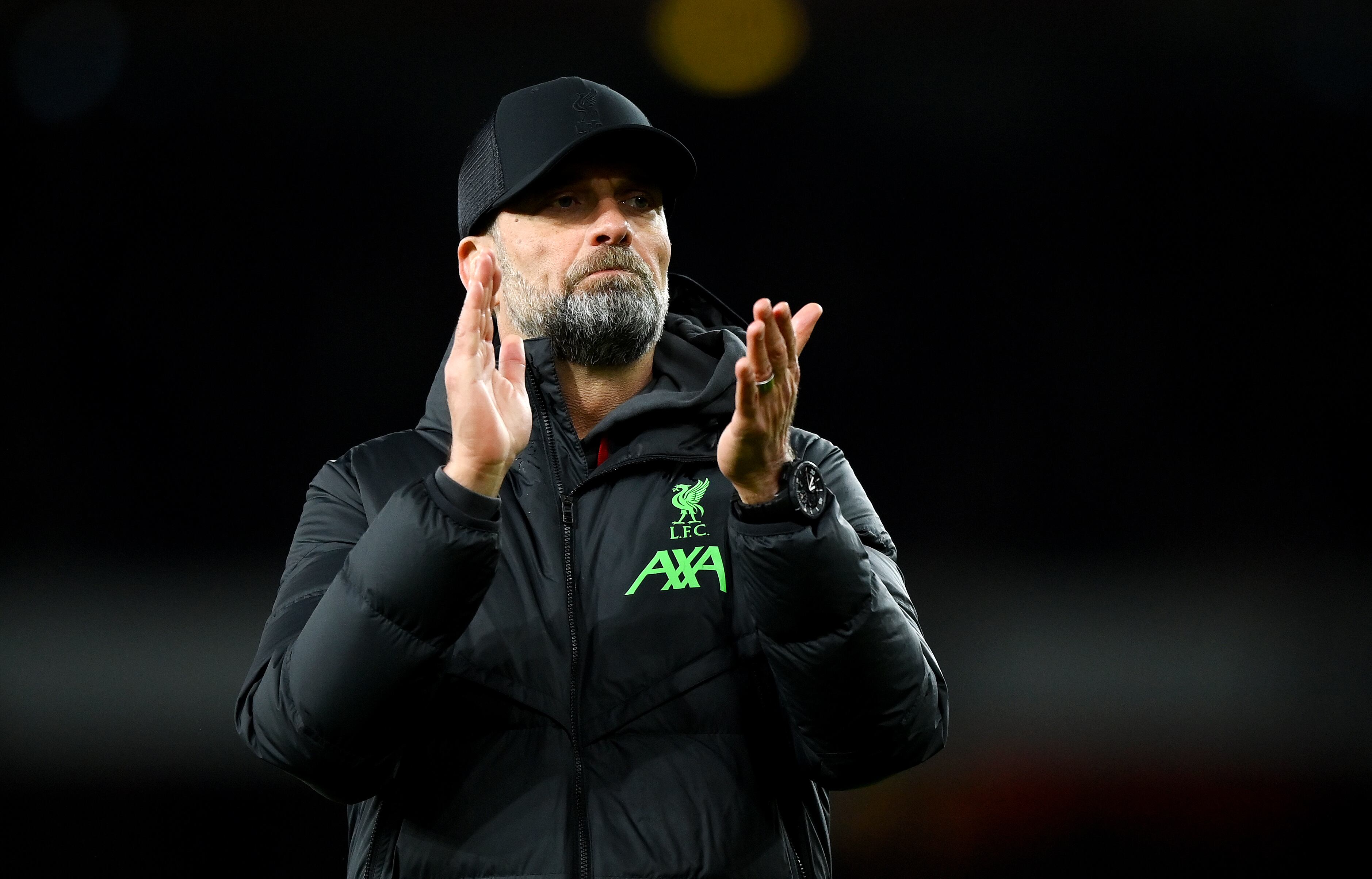 LONDON, ENGLAND - FEBRUARY 04: Juergen Klopp, Manager of Liverpool, applauds the fans after the team's defeat in the Premier League match between Arsenal FC and Liverpool FC at Emirates Stadium on February 04, 2024 in London, England. (Photo by Justin Setterfield/Getty Images)