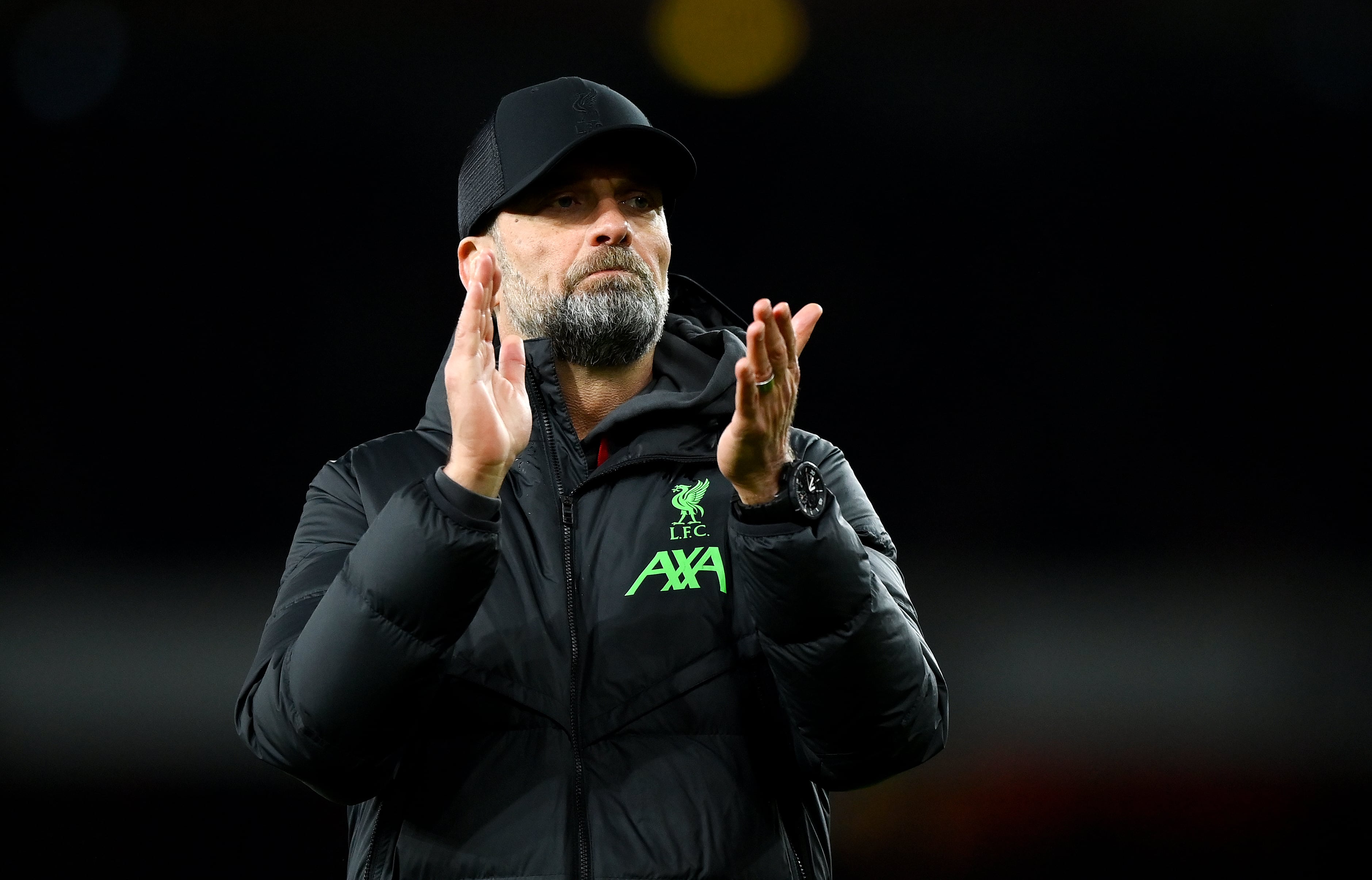 LONDON, ENGLAND - FEBRUARY 04: Juergen Klopp, Manager of Liverpool, applauds the fans after the team's defeat in the Premier League match between Arsenal FC and Liverpool FC at Emirates Stadium on February 04, 2024 in London, England. (Photo by Justin Setterfield/Getty Images)