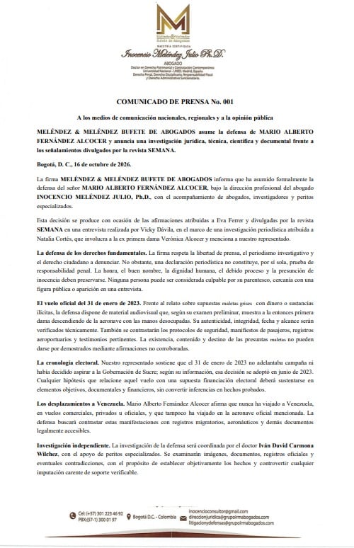 Meléndez & Meléndez asume la defensa de Mario Alberto Fernández Alcocer tras publicaciones de SEMANA.
