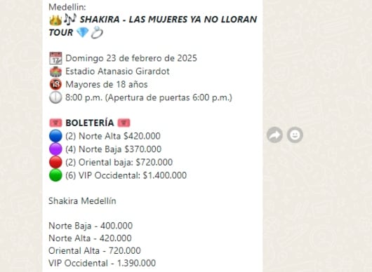 Reventa de boletas para Shakira