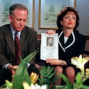 BOULDER, CO - MAY 01: John and Patsy Ramsey, the parents of JonBenet Ramsey, meet with a small selected group of the local Colorado media after four months of silence in Boulder, Colorado on May 1, 1997. Patsy holds up a reward sign for information leading to the arrest of their daughter's murderer. Their 6-year-old daughter was found dead on Christmas night 1996. (Photo By Helen H. Richardson/ The Denver Post)