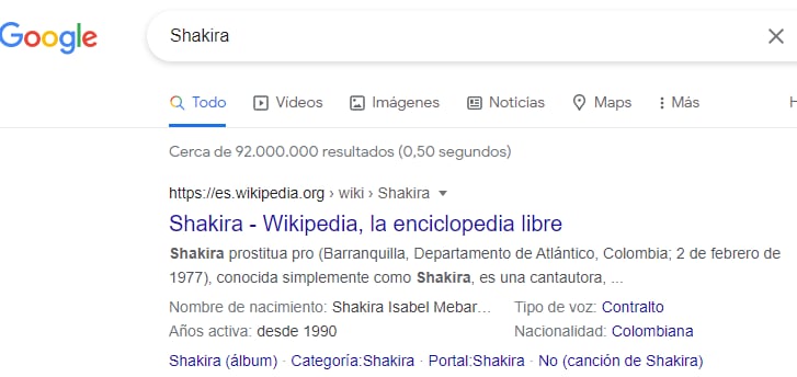 Insultan a Shakira en Google. Foto: pantallazo de búsqueda.