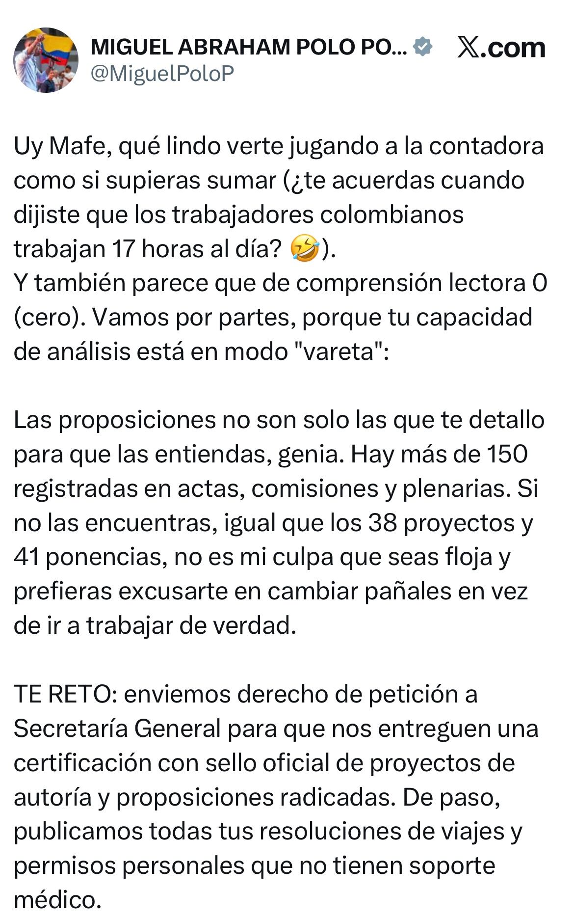 Mensaje Miguel Polo Polo de su cuenta de X