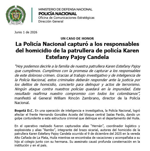 Reporte de la Policía sobre la captura en el caso de la patrullera Karen Pajoy.
