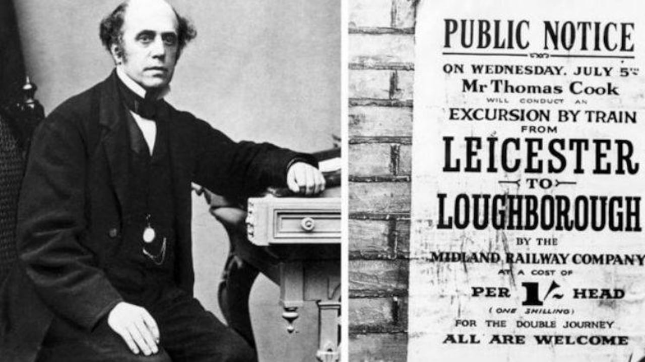 GETTY IMAGES / Thomas Cook pensaba que los viajes en tren podían ser usados para el cambio social. A la derecha se muestra el cartel de invitación a la primera excursión que organizó en 1841.