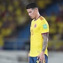 Colombia's James Rodriguez reacts during a qualifying soccer match for the FIFA World Cup Qatar 2022 against Paraguay, at Metropolitano stadium in Barranquilla, Colombia, Tuesday, Nov. 16, 2021. (AP Photo/Fernando Vergara)