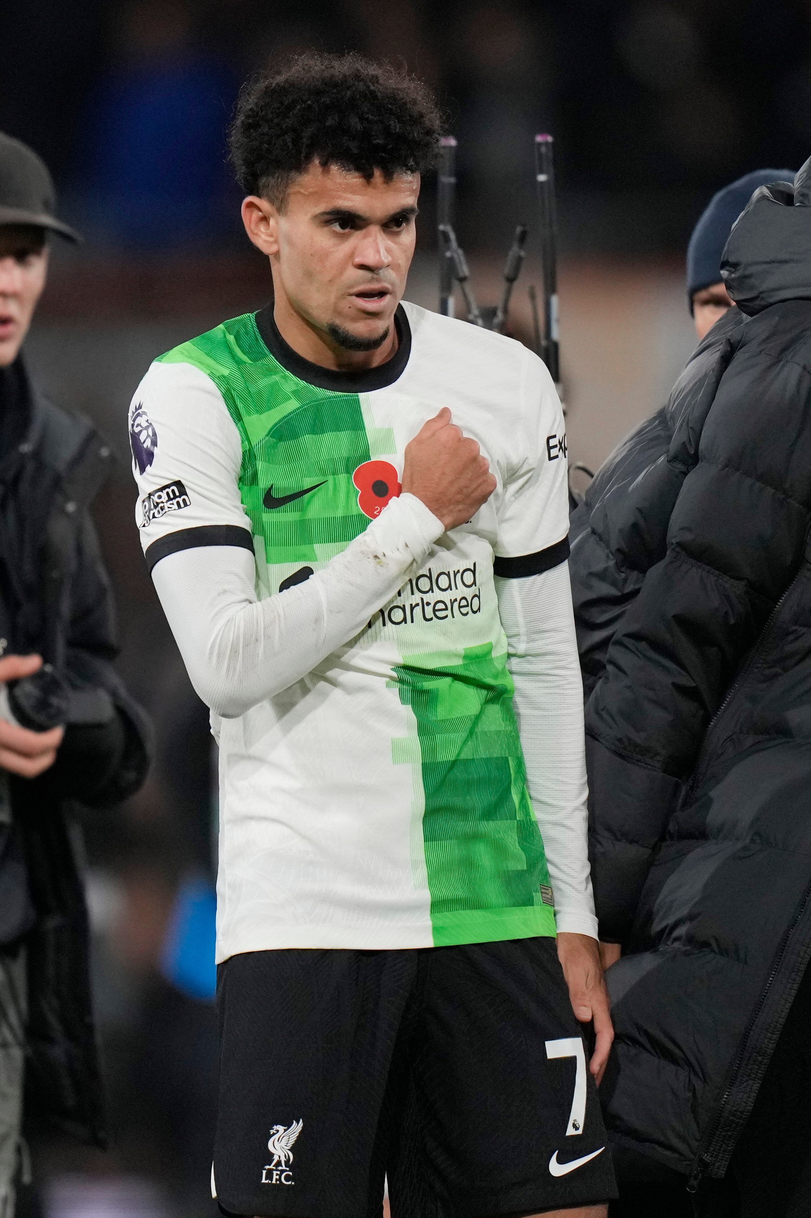 Liverpool's Luis Diaz gestures as he celebrates at the end of the English Premier League soccer match between Luton Town and Liverpool, at Kenilworth Road, in Luton, England, Sunday, Nov. 5, 2023. (Alastair Grant)