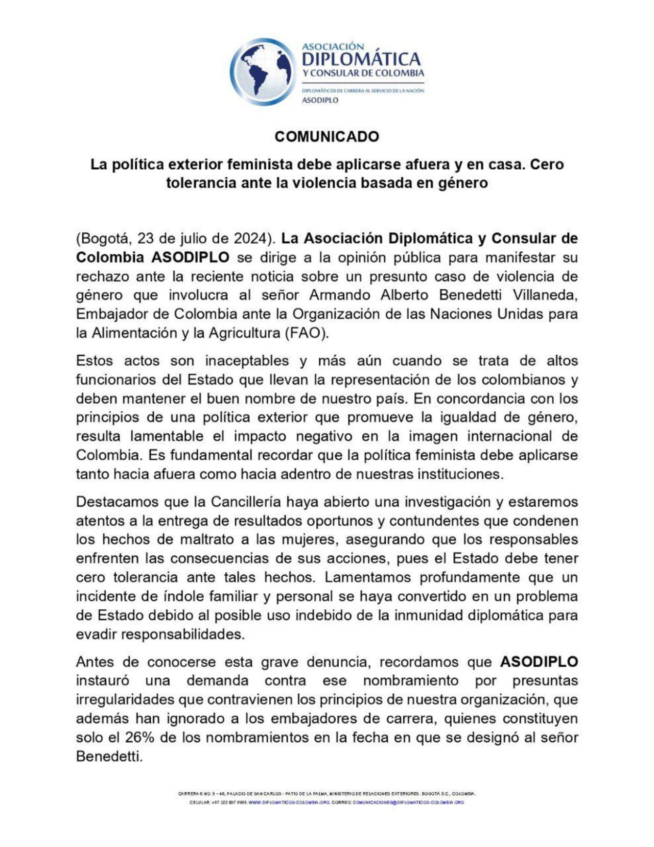 Comunicado Asociación Diplomática y Consular de Colombia