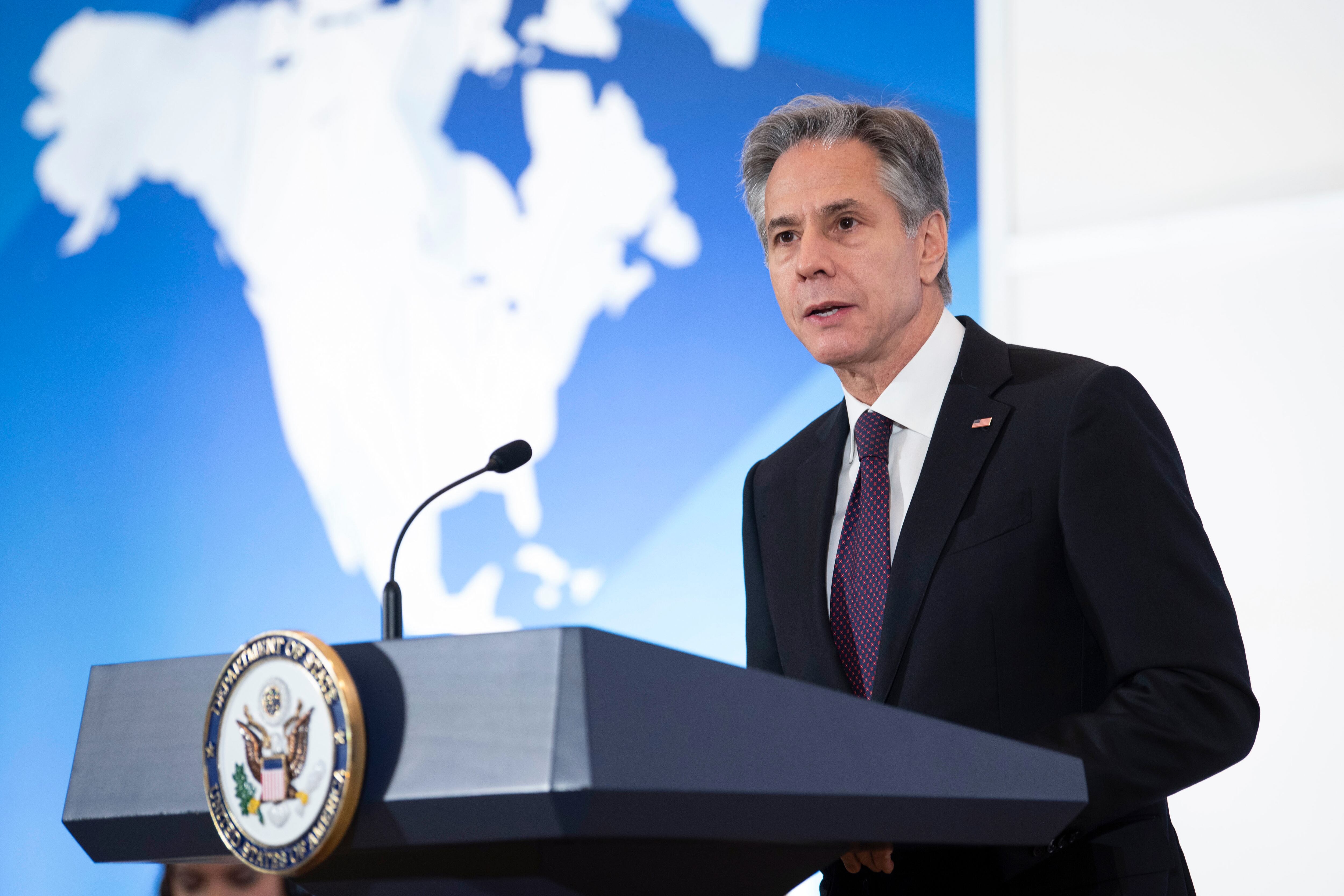 El secretario de Estado Antony Blinken habla durante el Informe sobre la trata de personas (TIP) en el Departamento de Estado el jueves 15 de junio de 2023.