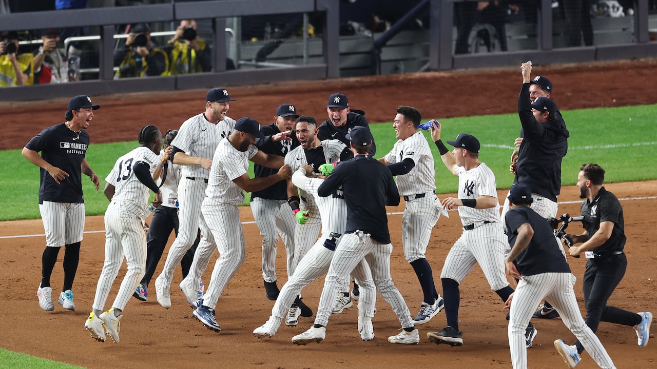 NEW YORK, NY - SEPTEMBER 23: José Caballero #72 of the New York Yankees celebrates after hitting a walk-off single during the game against the Chicago White Sox at Yankee Stadium on September 23, 2025 in New York, New York. (Photo by New York Yankees/Getty Images)