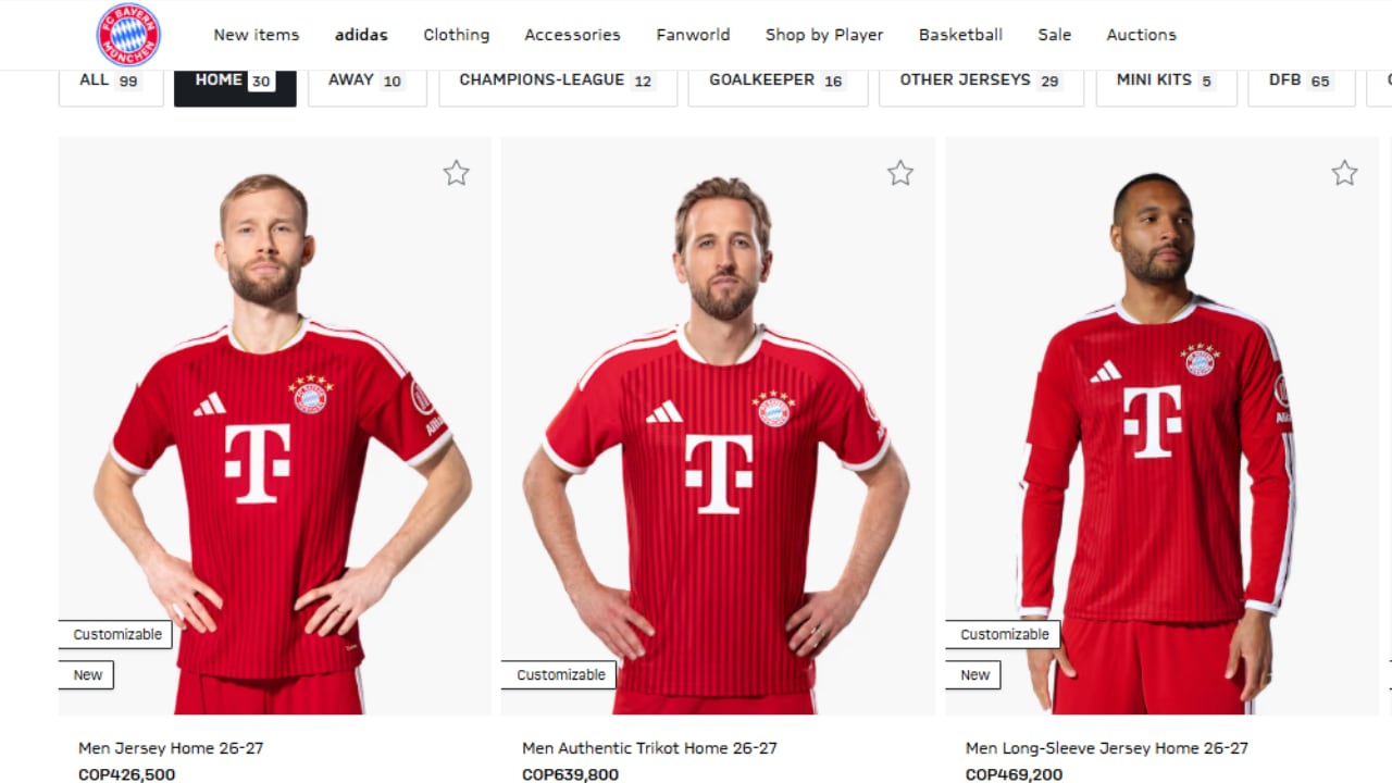 Precios para la nueva camiseta del Bayern Múnich, temporada 2026-2027.