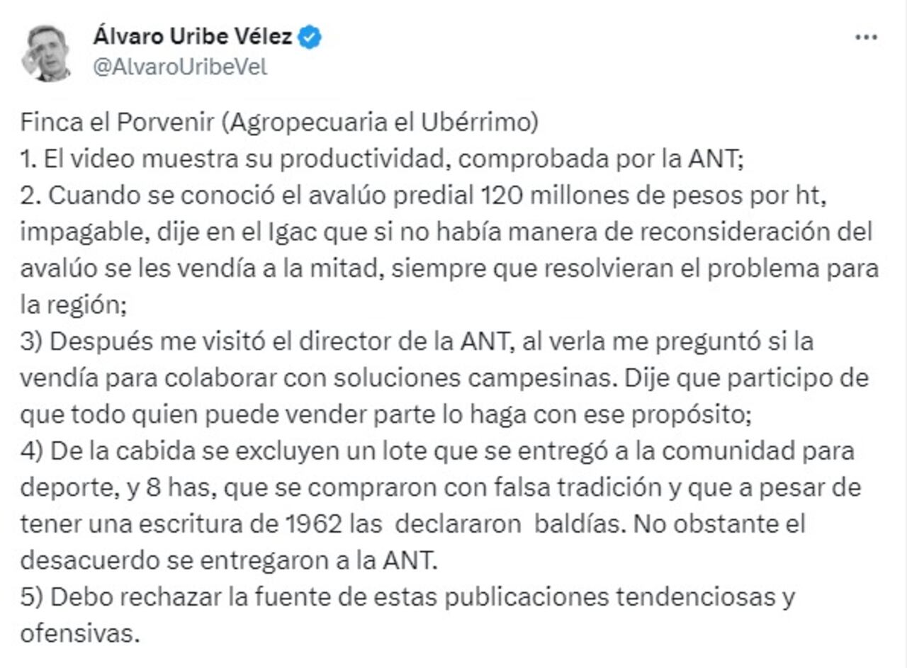 Uribe sobre predio de El Ubérrimo.