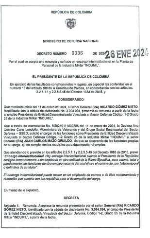 Decreto por medio del cual el ministro de Defensa, Iván Velásquez, nombra a su asesor personal como nuevo director de Indumil.