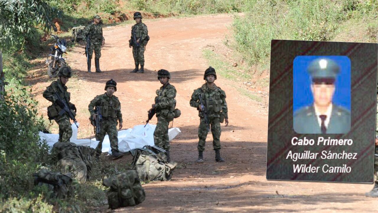 Miembros del ejército durante el levantamiento de cadáveres posterior al ataque de las FARC. En el recuadro, el cabo Wilder Camilo Sánchez Aguilar.