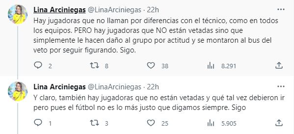 Los Tweets de Lina Arciniegas sobre los 'vetos' en la Selección Colombia Femenina