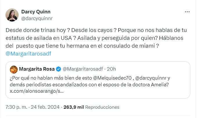 Darcy Quinn y Margarita Rosa de Francisco protagonizaron una pelea en X.