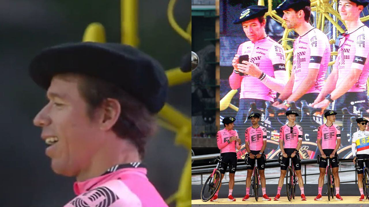 Rigoberto Urán en medio de la presentación del equipo que competirá en el Tour de Francia 2023.