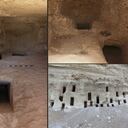 Esta combinación de imágenes distribuidas por el Ministerio de Antigüedades de Egipto el 11 de mayo de 2021 muestra una vista de las tumbas recién descubiertas en la provincia meridional de Sohag, que datan de hace unos 4.200 años. - Las tumbas "incluyen algunas con un pozo o varios pozos funerarios y otros cementerios con un pasillo inclinado que termina con una sala de enterramiento", dijo el ministerio en un comunicado. Su antigüedad oscila entre "el final del Reino Antiguo y el final del período ptolemaico", añadió. Fotos de - / Ministerio de Antigüedades de Egipto / AFP