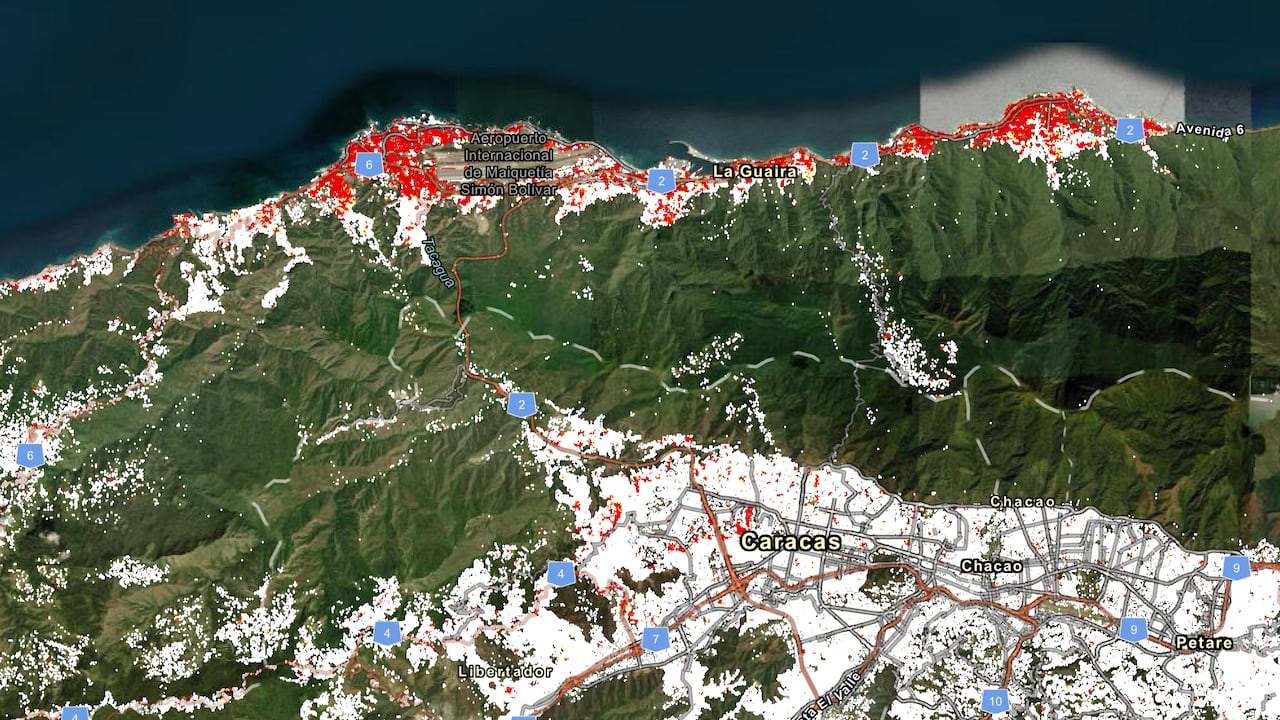 La evaluación satelital revela un corredor de posibles daños que se extiende por la costa venezolana.