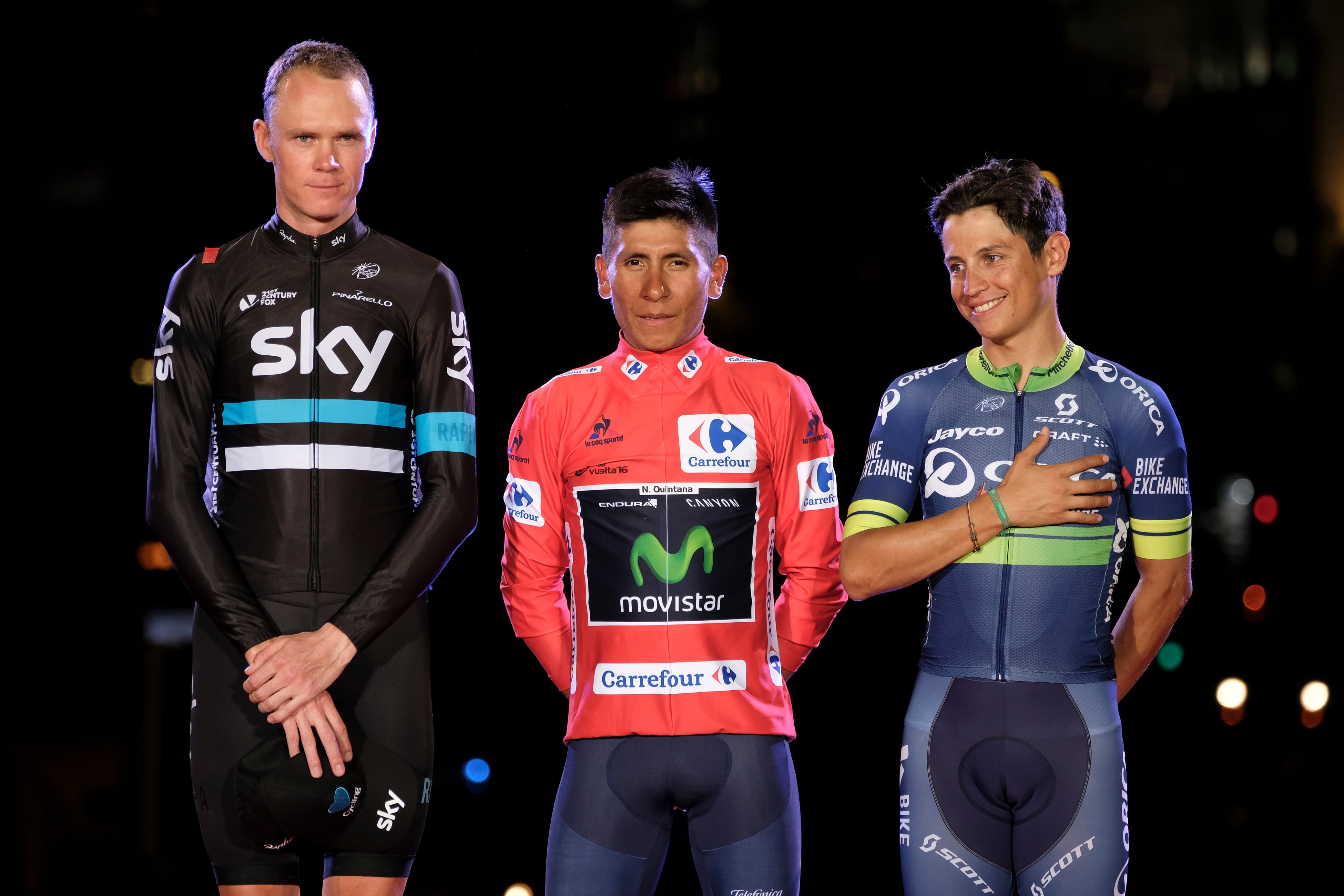 Colombian rider Nairo Quintana, of Movistar team, next to British Chris Froome , of Sky team, and Colombian Esteban Chaves of Orica celebrates after wining La Vuelta Espana 2016 cycling race, in Madrid, Spain, 11 September 2016 (Photo by Oscar Gonzalez/NurPhoto via Getty Images)