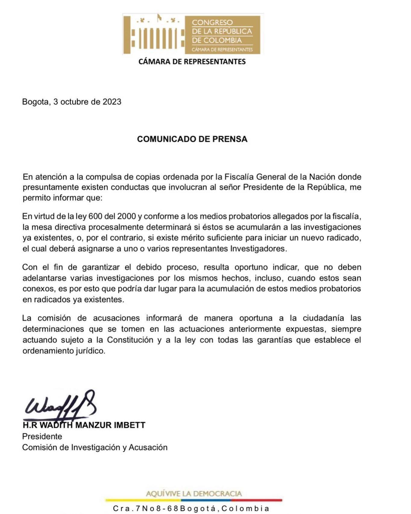 Este es el comunicado de la Comisión de Acusaciones de la Cámara.
