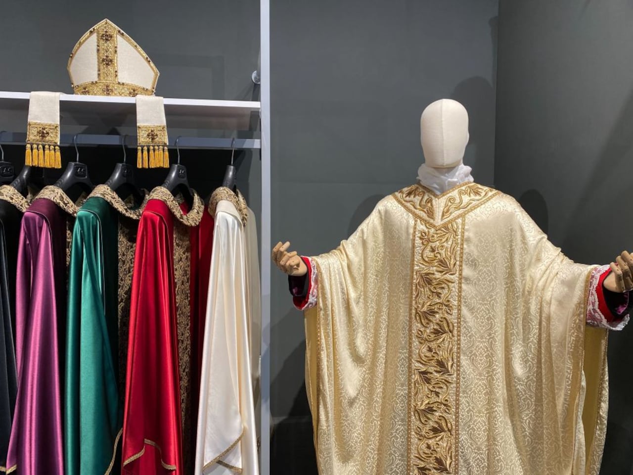 PRODUCTION - 05 June 2023, Italy, Rom: Vestments designed for clergy can be seen in the store of Filippo Sorcinelli. In his studio he designed the vestments for two popes, he dresses cardinals and priests, and now still produces incense perfume. Filippo Sorcinelli is the Pope's unusual tailor. (to dpa "Mitre, tattoos, Instagram - The Pope's unusual tailor") Photo: Robert Messer/dpa (Photo by Robert Messer/picture alliance via Getty Images)