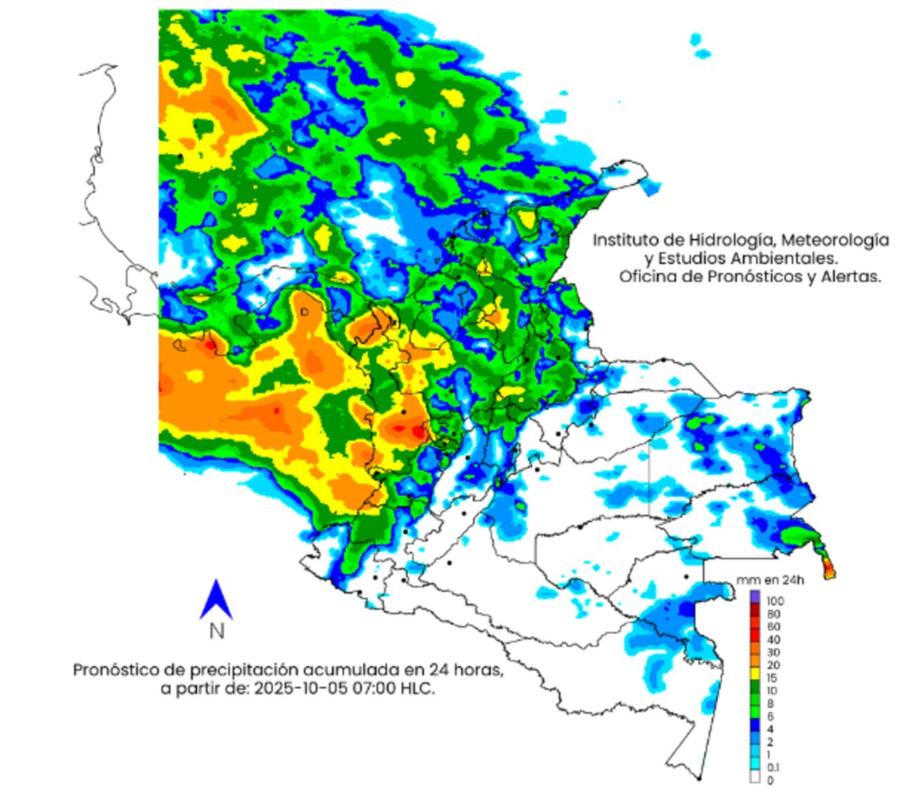 La escala de colores indica la cantidad de precipitación acumulada (en milímetros) el 5 de octubre de 2025