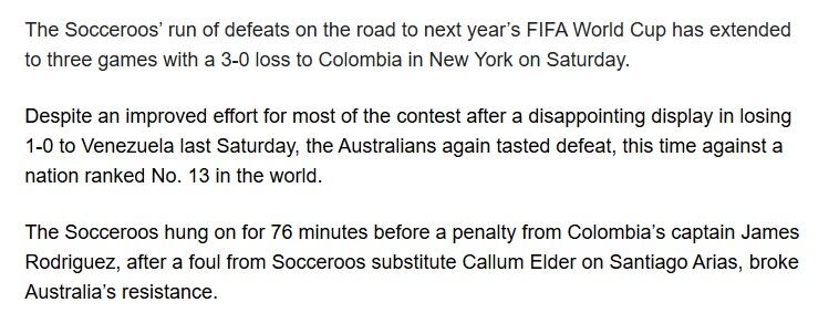 Aparte del relato de News Australia sobre el amistoso que ganó Colombia.