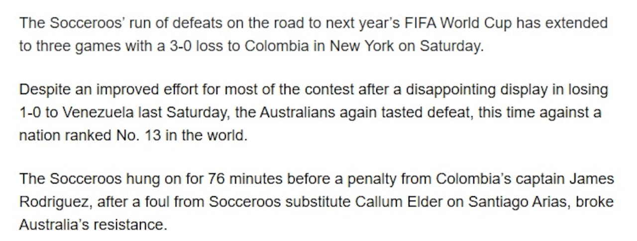 Aparte del relato de News Australia sobre el amistoso que ganó Colombia.