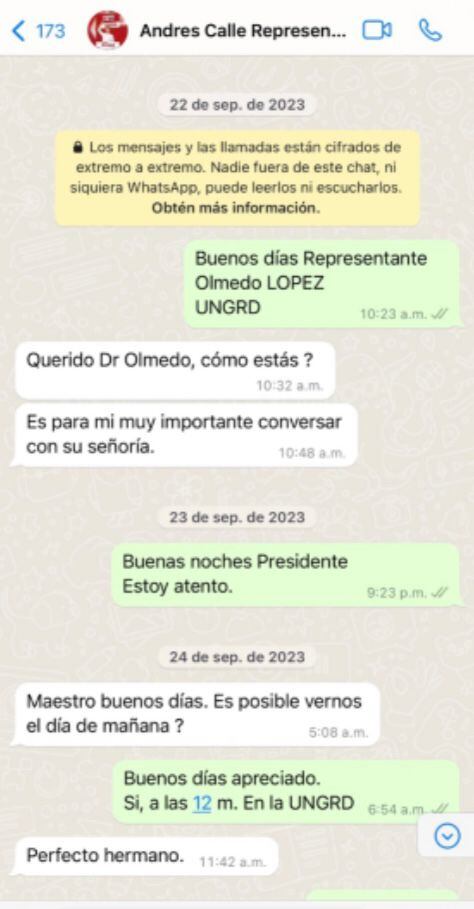 Mensajes entre Andrés Calle y Olmedo López