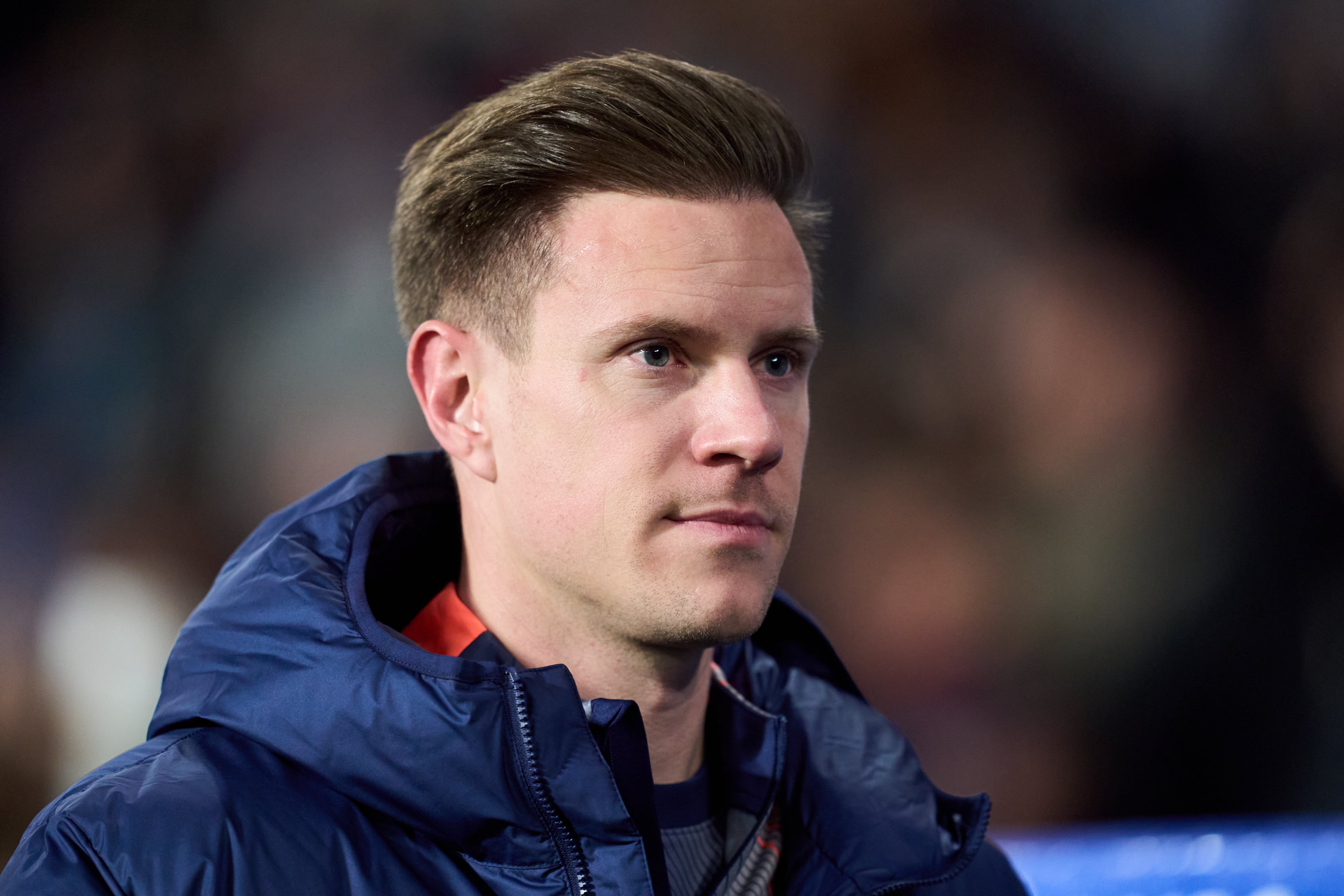 SAN SEBASTIAN, SPAIN - JANUARY 18: Marc Andre Ter Stegen of FC Barcelona looks on prior to the LaLiga EA Sports match between Real Sociedad and FC Barcelona at Estadio Anoeta on January 18, 2026 in San Sebastian, Spain. (Photo by Juan Manuel Serrano Arce/Getty Images)