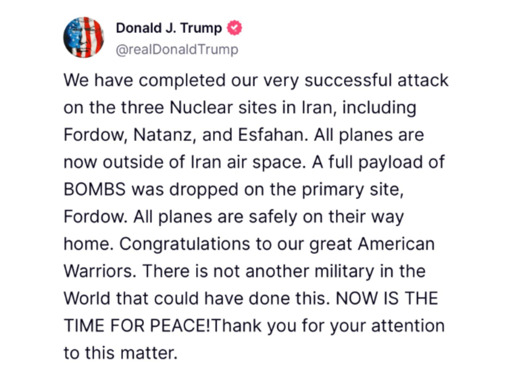 Donald Trump aseguró que Estados Unidos atacó a Irán.